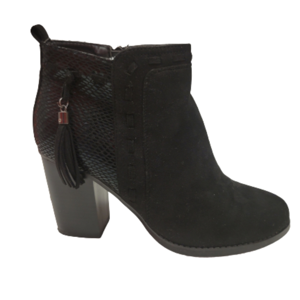 ML Grape-3 Mixed Media Black Toe Snakeskin Tasseled Chunky Heel Bootie Size 8.5